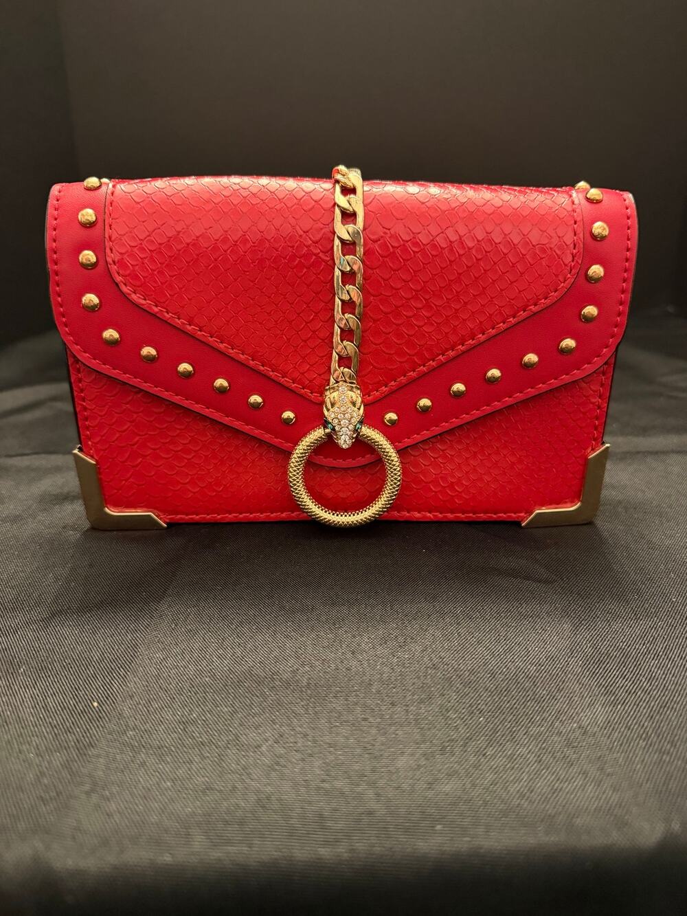 NWOT ALDO Red Python Snakeskin Crossbody Gold Studded Chain Evening Bag 7x5x2